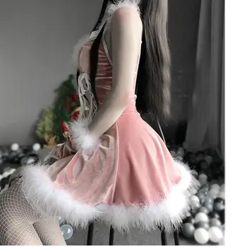 Boże Narodzenie Xmas Party Suknia Pani Santa Claus Cosplay Kostium Seksowna Bielizna Bez Rękawów Aksamitna Sukienka Pokojówka Kelnerka Mundury