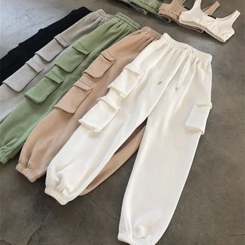 Nowa wiosna multi-pocket sportowe spodnie Kobiety Casual wysoka elastyczna talia pasek temat spodnie Runner plus rozmiar Harajuku spodnie