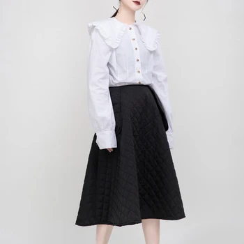 [EAM] wysoka elastyczna talia czarny bawełna-miękki A-line temperament połowa ciała spódnica damska moda przypływ nowego wiosna jesień 2021 1DB976