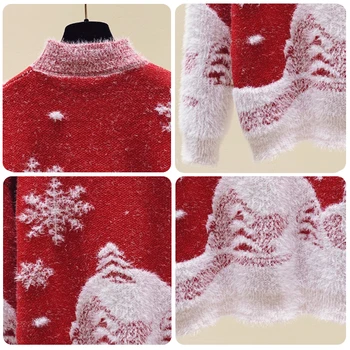 Czerwony Boże Narodzenie Śnieżynka Sweter Kobiety Zima Nowy Gęstnieje Codzienny Miękki Luźne Okrągły Dekolt Długie Rękawy Z Dzianiny Top