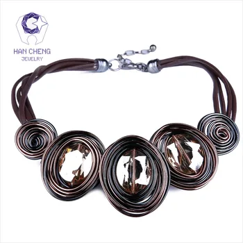 HanCheng nowa moda skórzana lina stworzony Kryształ drut naszyjnik naszyjnik kobiety naszyjniki handmade oświadczenie biżuteria kołnierz bijoux