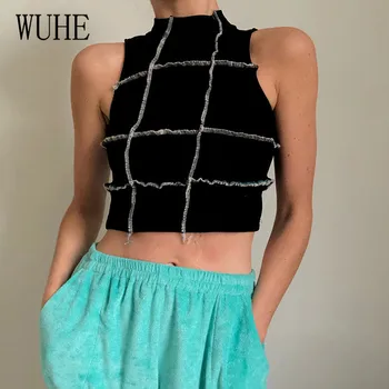 WUHE Solid Color Ribbed Knitting Vest Women Vintage Sleeveless Crop Tops Summer Street Slim Elastic Casual Wear Tee Tank Top