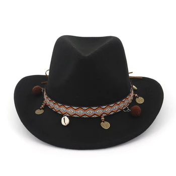 QBHAT Mężczyźni Kobiety wełniany filc Zachodnia kowbojski фетровая kapelusz z etnicznej taśmą australijski jazz трилби dyskietka kapelusz
