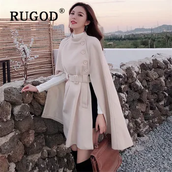 RUGOD koreański Nowy styl jednolity kolor Wolna peleryna płaszcz zebrać talię płaszcz średniej długości damskie zimowe, bluzki dla kobiet