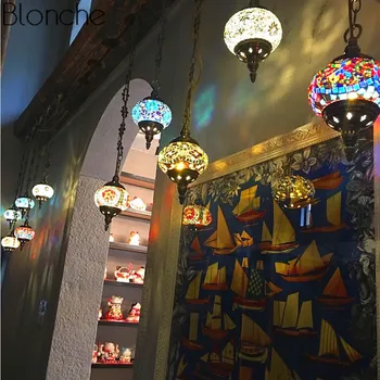 Śródziemnomorski Styl Dekoracje Wiszące Lampy Witraże Lampy Oprawy Turecki Vintage Lampa Salon Wystrój Domu