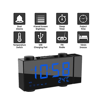 Projekcyjny budzik do sypialni 6 calowy ultra wyświetlacz led cyfrowy FM radio budzik z USB, ładowarką telefonu