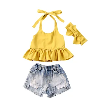 1-6Y Toddler Kid Baby Girl Summer Clothes Set falbanki kamizelka topy, jeansowe spodenki opaska letnie garnitury odzież Dziecięca