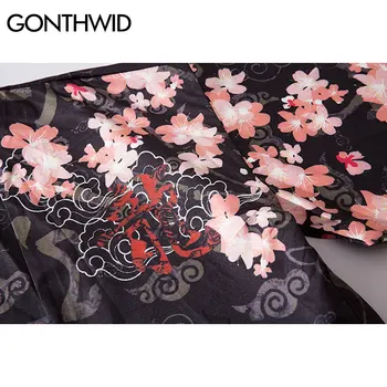 GONTHWID Harajuku Dragon Cherry Blossoms Flowers Print kimono sweter oddziału kurtki odzież uliczna Japoński styl otwarte przednie płaszcz