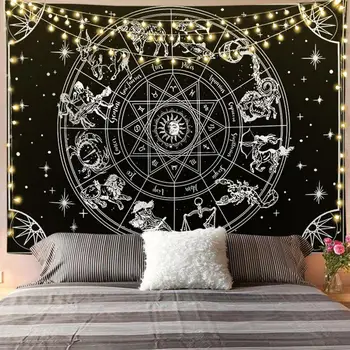 Psychodeliczny Tarot Astrologia Magia Biały Czarny Słońce Księżyc Mandala Gobelin Ścienny Wystrój Hostelu Sztuka Niebieski Na Ścianie Gobelin