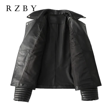 Skórzana kurtka damska sheepskin stylish women genuine leather pockets tailored collar zipper black real fur coat rzby111