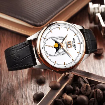 Reef Tiger/RT modne i obfite zegarek dla mężczyzn zegarek mechaniczny fazy Księżyca, podwójne okno data pasek Skórzany zegarek RGA1928