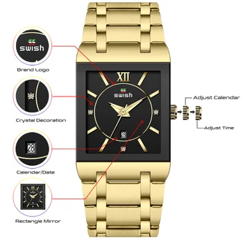 Złote zegarki dla mężczyzn Creative Square Glass męskie zegarki Top Brand Luxury Fashion kwarcowy zegarek wodoodporny stal Relogio Masculino