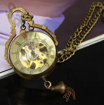 (8045) gorąco sprzedaży 6 szt./lot steampunk mosiądz miedź szklanej kuli mechaniczny zegarek kieszonkowy naszyjnik