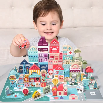 100 Szt. Kolorowe Zabawki Drewniane Sceny Ruchu Miejskim Geometryczny Kształt Zebrane Bloki Wczesne Zabawki Edukacyjne Dla Dzieci