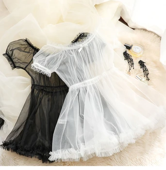 Kobiety przezroczysty koronkowy komplet bielizny czarny, biały, piękny sen ubrania Sexy słodka księżniczka koszula nocna piżamy Lolita erotyczny Królik
