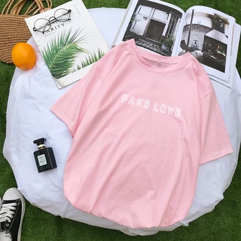 Nowe bawełniane Harajuku List do druku t-shirt kobiety lato z krótkim rękawem topy i koszulki moda casual koreański Kpop fałszywe miłość album t-shirt