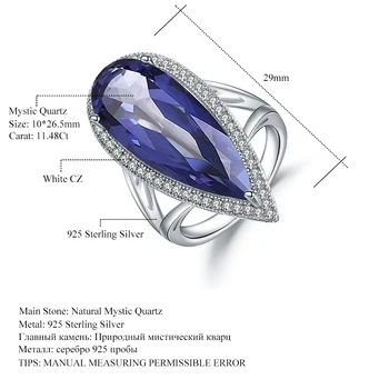 GEM'S BALLET Big Water Drop 11.48 Ct naturalny Иолит niebieski kwarc mistyczny pierścień na palec nowy 925 Drzazga pierścień dla kobiet ślub