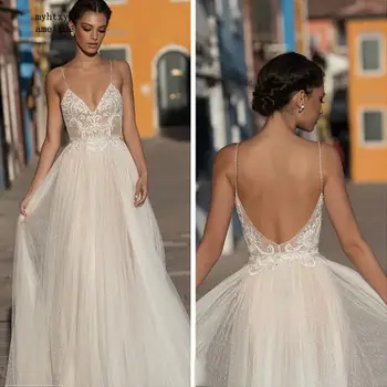 Tanie Plażowy Suknia Ślubna 2020 Boho Vestido De Noiva Bohemian Lace Bridal Dress Backless Spaghetty Straps V Neck Suknie Ślubne