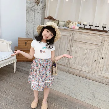 Pre-sale Cherry wzór floral printed sweet white T-shirt 2021 spring new product reservation baby girls t-shirt kids tops